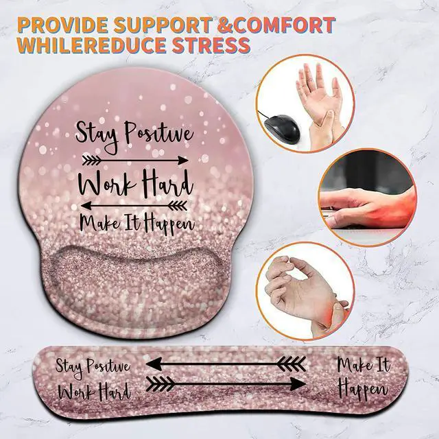 Alt view image 7 of 7 - Ergonomic Mouse Pad Wrist Support Gel and Keyboard Wrist Rest Set for Laptop , Gaming and Office, Durable, Comfortable and Pain Relief + Coaster,Stay Positive Work Hard and Make It Happen Pink Glitter