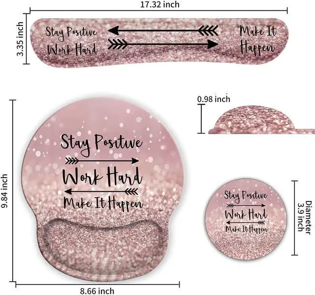 Alt view image 2 of 7 - Ergonomic Mouse Pad Wrist Support Gel and Keyboard Wrist Rest Set for Laptop , Gaming and Office, Durable, Comfortable and Pain Relief + Coaster,Stay Positive Work Hard and Make It Happen Pink Glitter