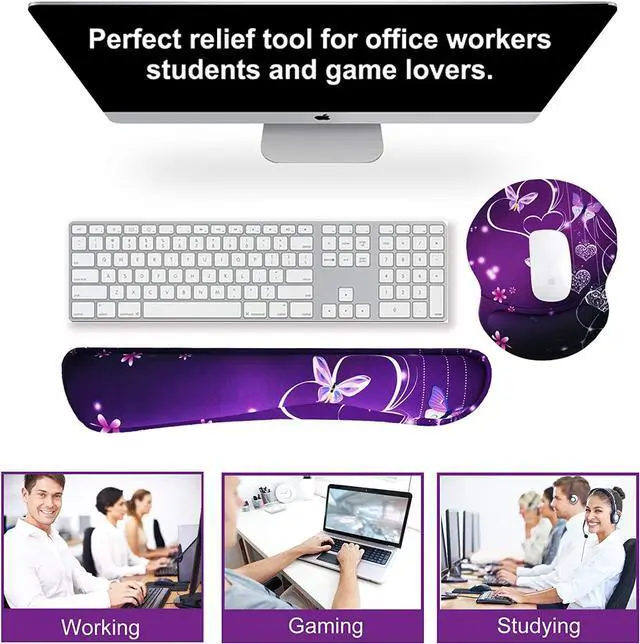 Alt view image 3 of 7 - ArtSo Upgraded Wrist Rest Support for Mouse Pad & Keyboard Ergonomic Gel Mousepad Non-Slip Rubber Base Home Office Pain Relief Easy Typing Cushion Neoprene Soft Memory Foam Purple Heart Butterfly