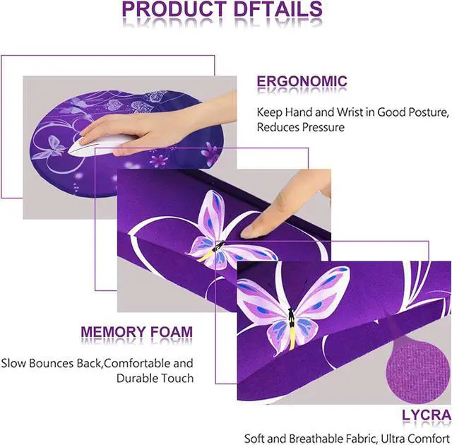 Alt view image 4 of 7 - ArtSo Upgraded Wrist Rest Support for Mouse Pad & Keyboard Ergonomic Gel Mousepad Non-Slip Rubber Base Home Office Pain Relief Easy Typing Cushion Neoprene Soft Memory Foam Purple Heart Butterfly