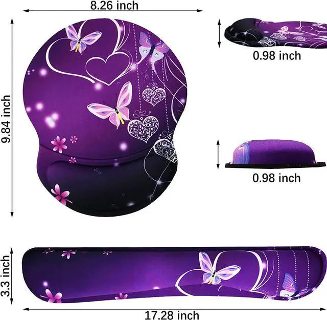 Alt view image 7 of 7 - ArtSo Upgraded Wrist Rest Support for Mouse Pad & Keyboard Ergonomic Gel Mousepad Non-Slip Rubber Base Home Office Pain Relief Easy Typing Cushion Neoprene Soft Memory Foam Purple Heart Butterfly