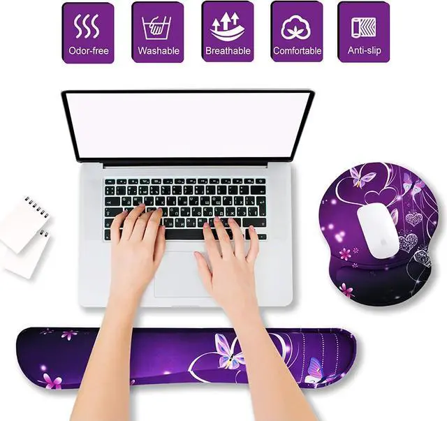 Alt view image 2 of 7 - ArtSo Upgraded Wrist Rest Support for Mouse Pad & Keyboard Ergonomic Gel Mousepad Non-Slip Rubber Base Home Office Pain Relief Easy Typing Cushion Neoprene Soft Memory Foam Purple Heart Butterfly