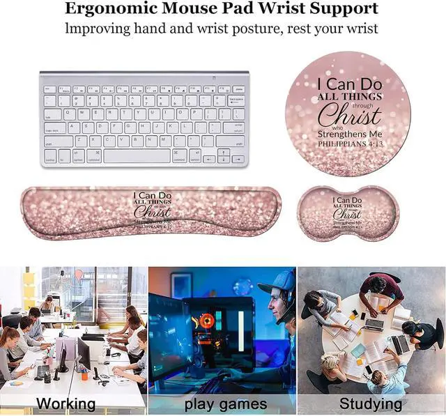Alt view image 5 of 7 - Keyboard Wrist Rest and Mouse Pad Wrist Rest Set with Coasters [4Pcs], Memory Foam, Easy Typing Pain Relief, Non-Slip Rubber Base for Computer, Laptop, Home & Office, Bible Verse Philippians 4-13