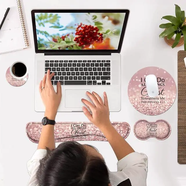 Alt view image 6 of 7 - Keyboard Wrist Rest and Mouse Pad Wrist Rest Set with Coasters [4Pcs], Memory Foam, Easy Typing Pain Relief, Non-Slip Rubber Base for Computer, Laptop, Home & Office, Bible Verse Philippians 4-13