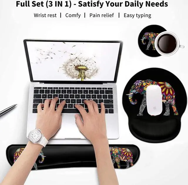 Alt view image 2 of 7 - Keyboard Wrist Rest and Mouse Pad with Wrist Support, Ergonomic Gel Mouse Pad Coaster, Comfortable Lightweight for Easy Typing Pain Relief, Memory Foam Keyboard Mousepad Set,Colorful Elephant