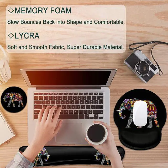 Alt view image 7 of 7 - Keyboard Wrist Rest and Mouse Pad with Wrist Support, Ergonomic Gel Mouse Pad Coaster, Comfortable Lightweight for Easy Typing Pain Relief, Memory Foam Keyboard Mousepad Set,Colorful Elephant