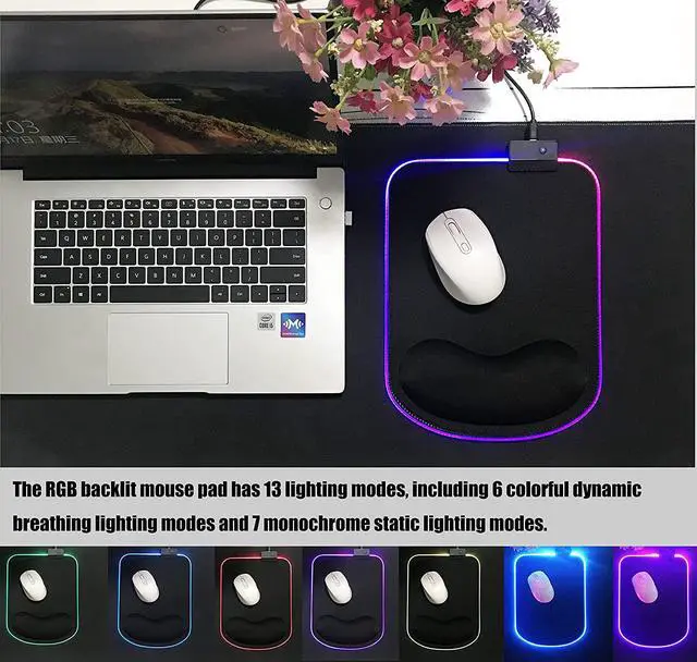 Alt view image 2 of 7 - RGB LED Mouse pad with Ergonomic Wrist Rest Support Non-Slip Kawaii Mouse Pads 11.8 x 8.5 Gaming Wrist Pads Pain Relief and Easy Typing Gaming Notebook Computer Work and Game (Black)