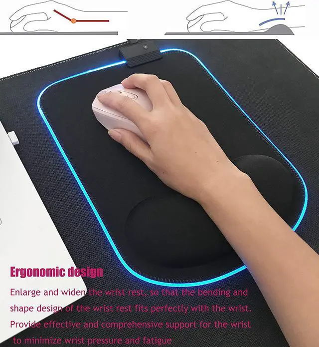 Alt view image 4 of 7 - RGB LED Mouse pad with Ergonomic Wrist Rest Support Non-Slip Kawaii Mouse Pads 11.8 x 8.5 Gaming Wrist Pads Pain Relief and Easy Typing Gaming Notebook Computer Work and Game (Black)
