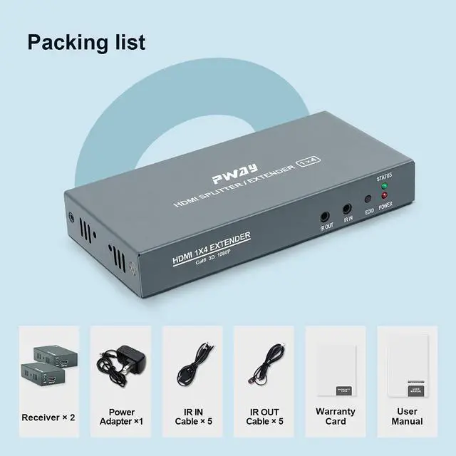 Alt view image 7 of 7 - 1x4 HDMI Extender Splitter Over Cat5e/Cat6/Cat7 Ethernet Cable Up to 50m/165ft - EDID Management & Bi-Directional IR Remote Control & POC Function Support 1080P@60Hz 3D (1 in 4 Out / 4-Port)