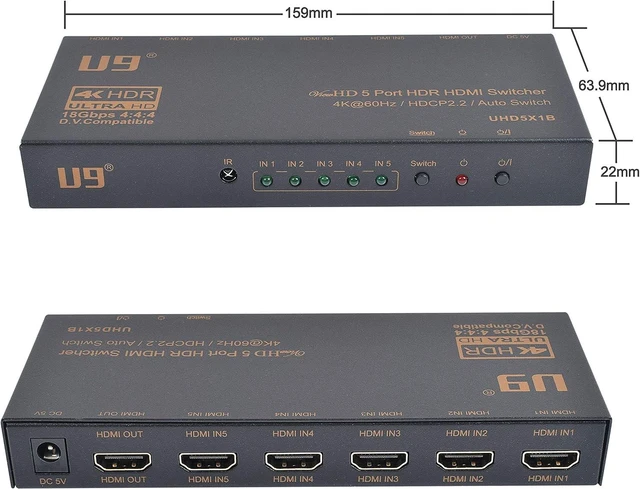 Alt view image 2 of 5 - HDMI Switch 5 Port 5x1 HDMI 2.0 4K@60Hz Switcher Automatic Selector Box 18Gbps 4:4:4 2160P HDCP 2.2 HDR Vision Atmos IR Remote Control HDCP 2.2 U9 ViewHD Model UHD5X1B