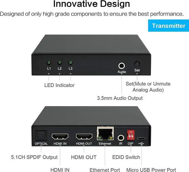 Alt view image 5 of 7 - DDMALL 4K HDMI Extender Over CAT5e/CAT6 Cable with Local Loop Out, Up to 230ft at 4K@60Hz, HDR, HDCP 2.2/1.4, HDMI 2.0, Supports SPDIF and Analog Audio, Compact Size, Transmitter and Receiver Kit