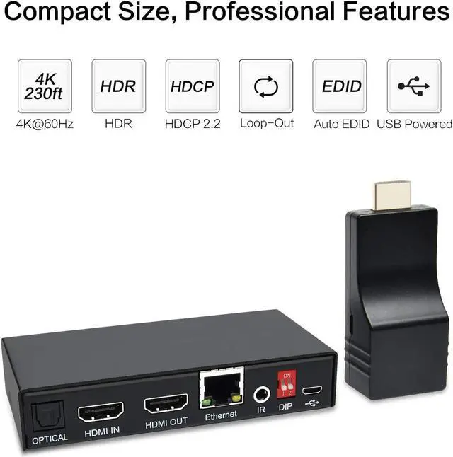 Alt view image 2 of 7 - DDMALL 4K HDMI Extender Over CAT5e/CAT6 Cable with Local Loop Out, Up to 230ft at 4K@60Hz, HDR, HDCP 2.2/1.4, HDMI 2.0, Supports SPDIF and Analog Audio, Compact Size, Transmitter and Receiver Kit