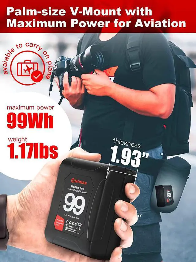 Alt view image 3 of 7 - Moman V Mount Battery, Power VMount V-Lock Batteries 99Wh 15A Draw with Dual D-Tap & USB Outputs Power Bank for Blackmagic Cameras Camcorders LED Lights Monitor, Moman-Dtap-V-Mount-Battery