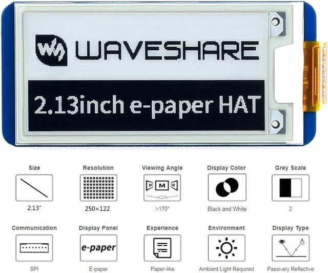 Alt view image 2 of 7 - 2.13inch E-Ink Display HAT V3 Version, Black,White Two-Color 250x122 Pixel E-Paper Screen LCD for Raspberry Pi 4B/3B+/3B/2B/Zero/Zero W/Zero WH and Jetson Nano SPI Interface Support Partial Refresh