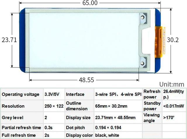 Alt view image 6 of 7 - 2.13inch E-Ink Display HAT V3 Version, Black,White Two-Color 250x122 Pixel E-Paper Screen LCD for Raspberry Pi 4B/3B+/3B/2B/Zero/Zero W/Zero WH and Jetson Nano SPI Interface Support Partial Refresh