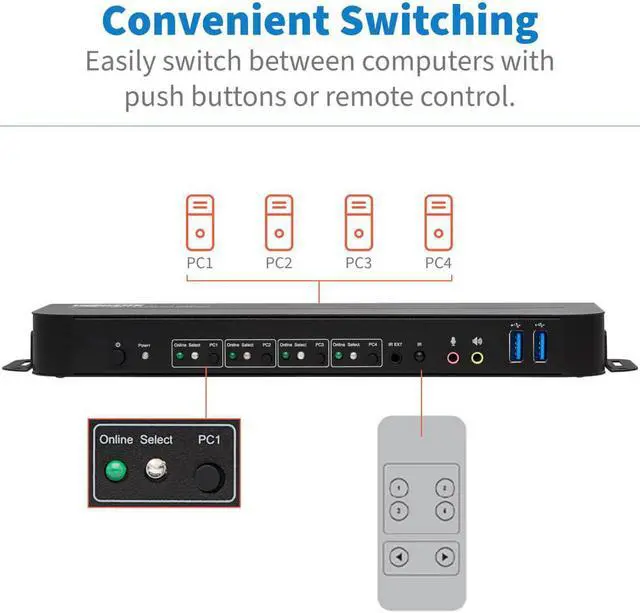 Alt view image 3 of 7 - Tripp Lite 4 Port DisplayPort USB KVM Switch, Quad Port DP USB KVM Switch, 4K 60 Hz, HDR, HDCP 2.2, DP 1.4, USB 3.0 Cables, Black (B005-DPUA4)