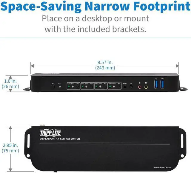 Alt view image 5 of 7 - Tripp Lite 4 Port DisplayPort USB KVM Switch, Quad Port DP USB KVM Switch, 4K 60 Hz, HDR, HDCP 2.2, DP 1.4, USB 3.0 Cables, Black (B005-DPUA4)