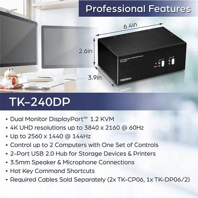 Alt view image 2 of 7 - TRENDnet 2-Port Dual Monitor DisplayPort KVM Switch with Audio, 2-Port USB 2.0 Hub, 4K UHD Resolutions Up to 3840 x 2160, Connect Two DisplayPort Monitors, Dual Monitor KVM Switch, Black, TK-240DP