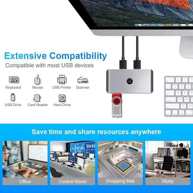 Alt view image 3 of 7 - USB 3.0 Switch Selector, KVM Switch Adapter 2 Computers Sharing 4 USB Devices, USB Peripheral Switcher Box Hub for PC Printer Scanner Mouse Keyboard with One Button Swapping and 2 Pack USB Cable