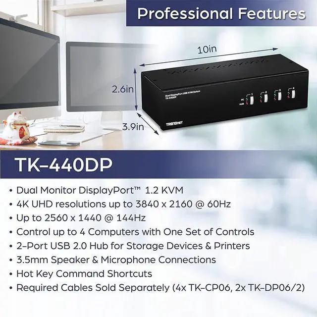Alt view image 2 of 7 - TRENDnet 4-Port Dual Monitor DisplayPort KVM Switch With Audio, 2-Port USB 2.0 Hub, 4K UHD Resolution Up To 3840 x 2160, Connect 4 DisplayPort Monitors, Dual Monitor 4 Port KVM Switch, Black, TK-440DP