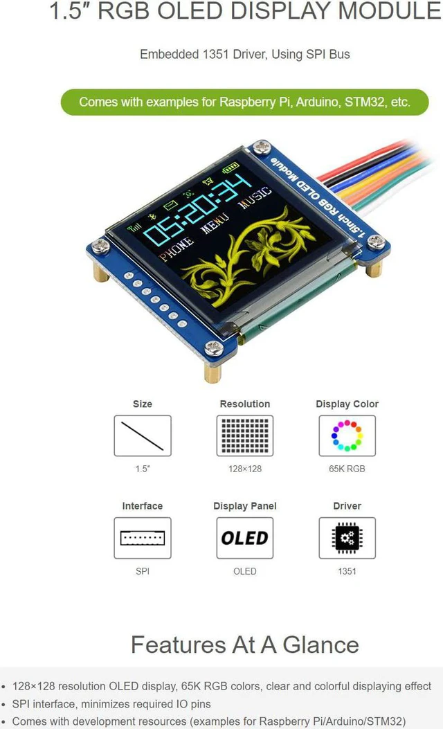 Alt view image 2 of 7 - waveshare 1.5inch RGB OLED Display Module 128x128 Pixels 16-bit High Color (65K Colors) with Embedded Controller Communicating via SPI Interface.