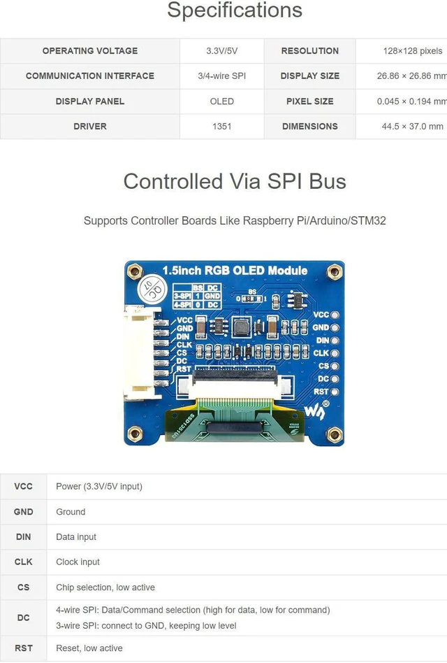 Alt view image 3 of 7 - waveshare 1.5inch RGB OLED Display Module 128x128 Pixels 16-bit High Color (65K Colors) with Embedded Controller Communicating via SPI Interface.