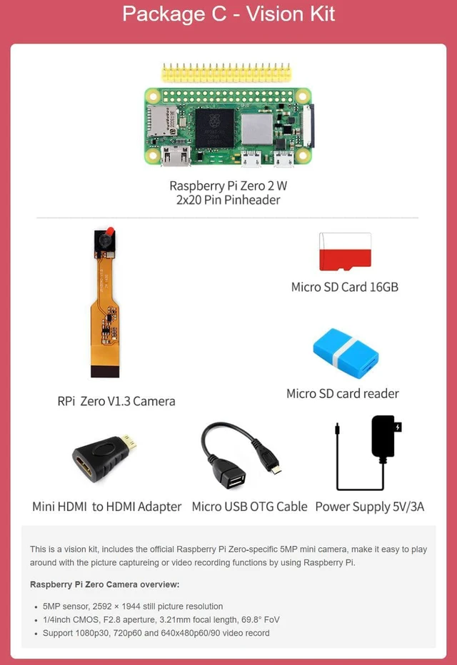 Alt view image 7 of 7 - Waveshare Package C Compatible with Raspberry Pi Zero 2 W Bundle with Pi Zero V1.3 Camera Power Supply 5V/3A Micro Card 16GB Card Reader and So On (8 Items)