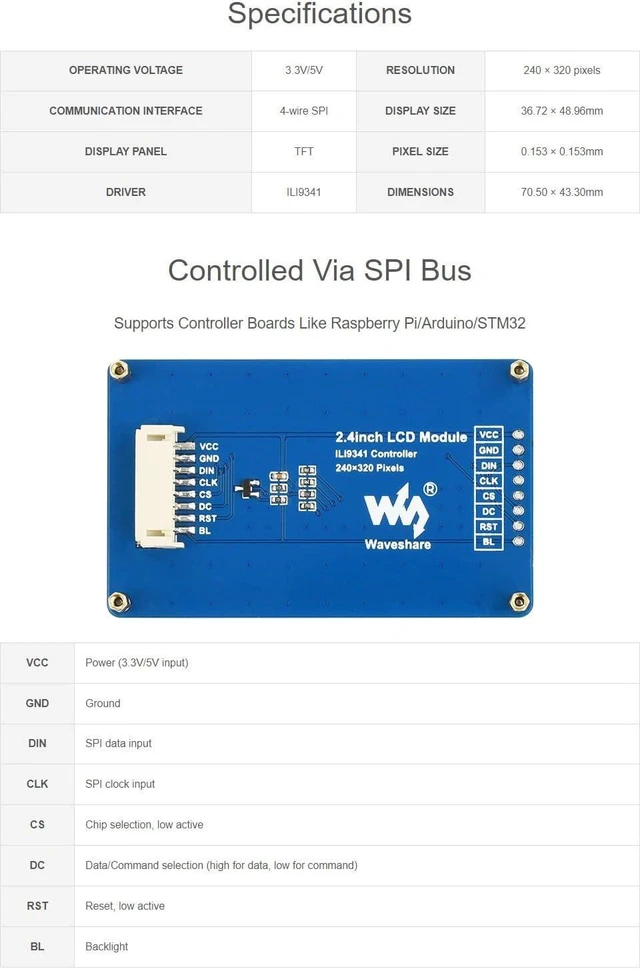 Alt view image 4 of 6 - waveshare 2PCS 2.4inch LCD Display Module with 65K RGB Colors 240×320 Resolution SPI Interface