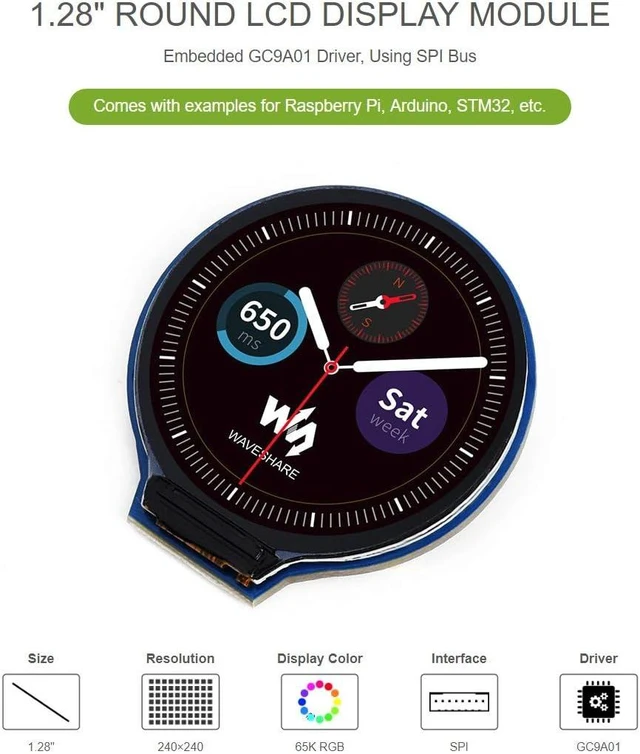Alt view image 3 of 5 - waveshare 2PCS 1.28inch Round LCD Display Module 65K RGB Colors 240×240 with SPI Interface Embedded GC9A01 Driver, Compatible with Raspberry Pi 5/4B/3B/Zero/Zero W/Zero 2W/Pico/Pico W/Pico WH