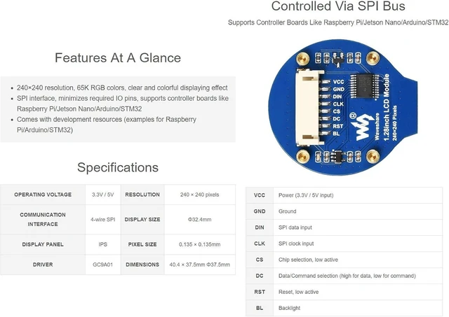Alt view image 4 of 5 - waveshare 2PCS 1.28inch Round LCD Display Module 65K RGB Colors 240×240 with SPI Interface Embedded GC9A01 Driver, Compatible with Raspberry Pi 5/4B/3B/Zero/Zero W/Zero 2W/Pico/Pico W/Pico WH