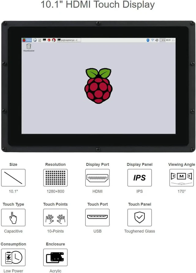 Alt view image 2 of 6 - Waveshare 10.1inch HDMI LCD(B) (with case) IPS Touchscreen 1280X800 Capacitive Display Supports Raspberry Pi 3 B/2 B/B+/A+ Banana Pi/Pro BeagleBone Black Supports Multi Systems