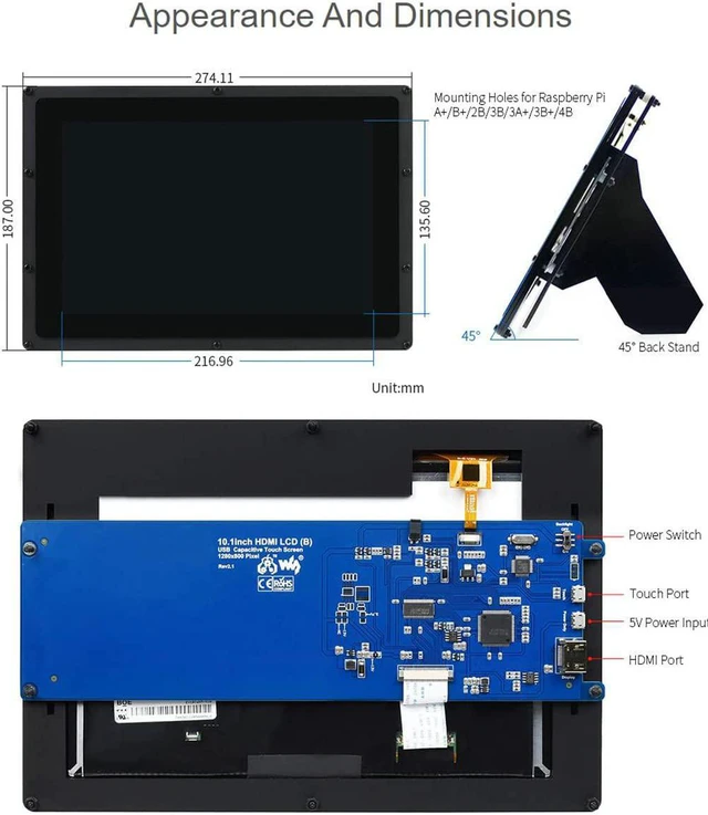 Alt view image 5 of 6 - Waveshare 10.1inch HDMI LCD(B) (with case) IPS Touchscreen 1280X800 Capacitive Display Supports Raspberry Pi 3 B/2 B/B+/A+ Banana Pi/Pro BeagleBone Black Supports Multi Systems
