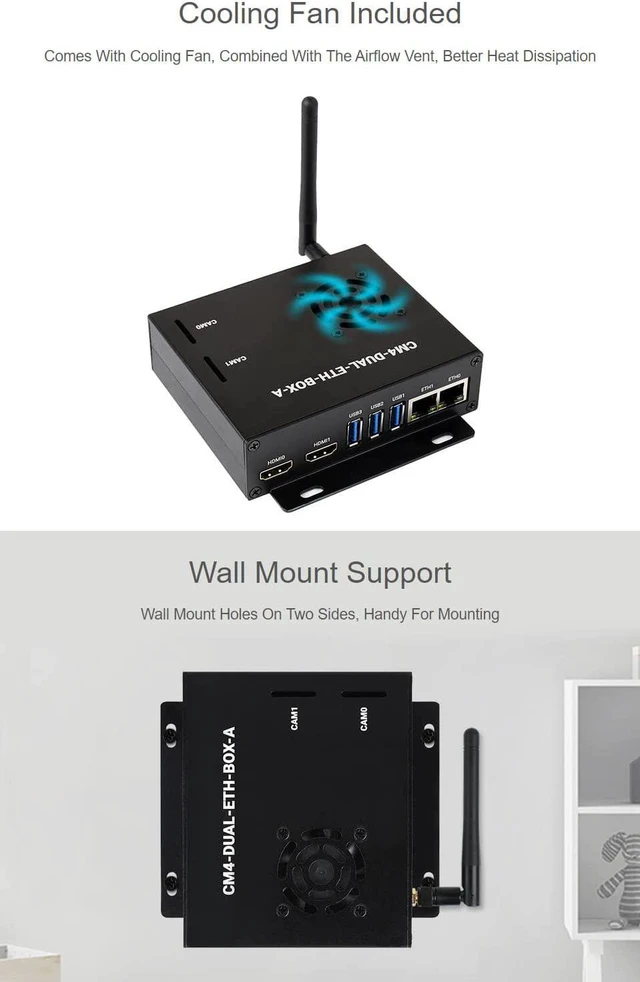 Alt view image 6 of 7 - Waveshare Dual Giga-bit Ethernet Mini-Computer Based On Raspberry Pi Compute Module 4 (NOT Included) Metal Case with Cooling Fan