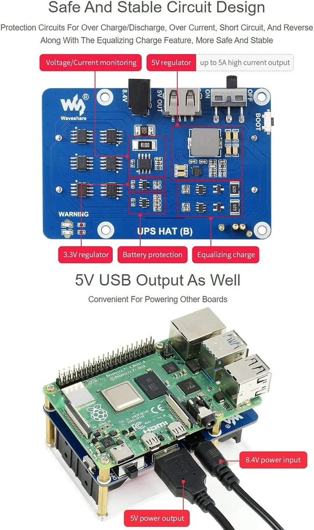 Alt view image 5 of 6 - Waveshare UPS HAT (B) for Raspberry Pi 5V Uninterruptible Power Supply 5A High Current with Pogo Pins Connector