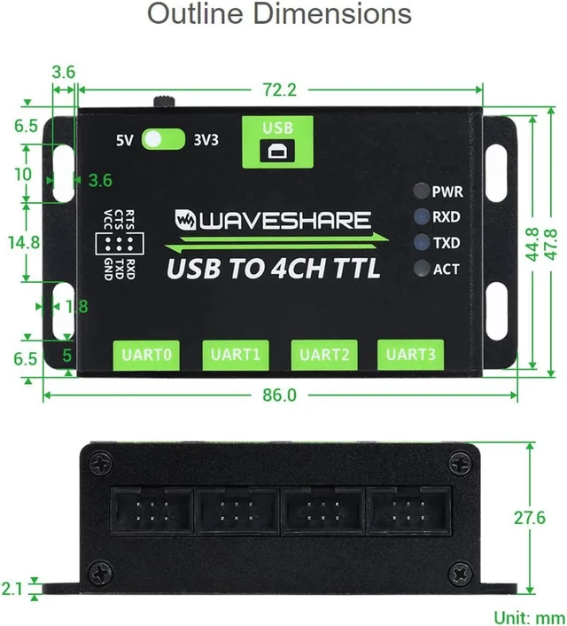 Alt view image 4 of 7 - Waveshare Industrial USB to 4CH TTL Converter USB to UART with Multi Protection Circuits Multi Systems Support