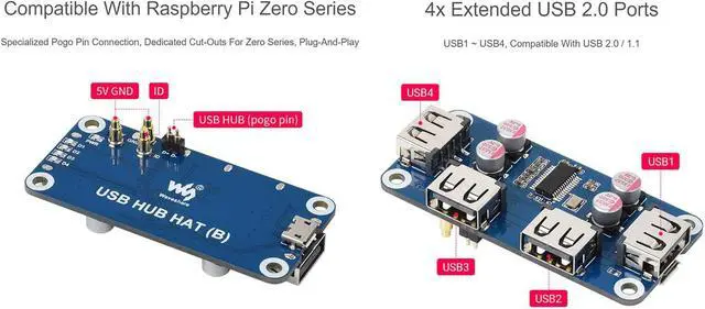 Alt view image 4 of 7 - waveshare USB HUB Box Kit for Raspberry Pi Zero/Zero W/Zero WH, Extended 4X USB Ports Compatible with USB 2.0/1.1, USB HUB HAT (B) Inside, with Pogo Pin Design, Dull Polish Surface, Nice&Dust-Proof