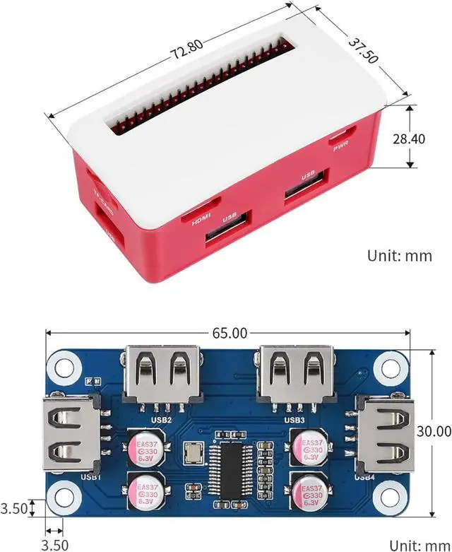 Alt view image 6 of 7 - waveshare USB HUB Box Kit for Raspberry Pi Zero/Zero W/Zero WH, Extended 4X USB Ports Compatible with USB 2.0/1.1, USB HUB HAT (B) Inside, with Pogo Pin Design, Dull Polish Surface, Nice&Dust-Proof