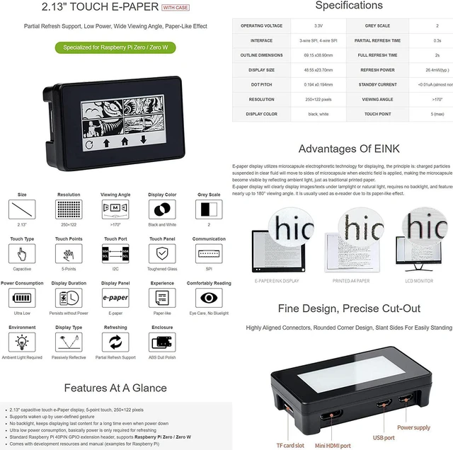 Alt view image 4 of 6 - Waveshare 2.13inch Touch e-Paper Compatible with Raspberry Pi 4B/ 3B+/ 3A+/ 3B/ 2B/ 1B+/ 1A+/ Zero 2 W/Zero W/Zero