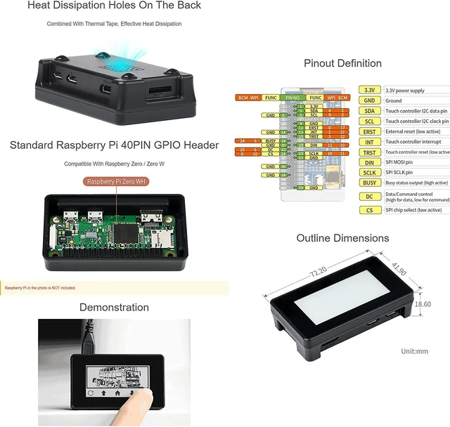 Alt view image 5 of 6 - Waveshare 2.13inch Touch e-Paper Compatible with Raspberry Pi 4B/ 3B+/ 3A+/ 3B/ 2B/ 1B+/ 1A+/ Zero 2 W/Zero W/Zero