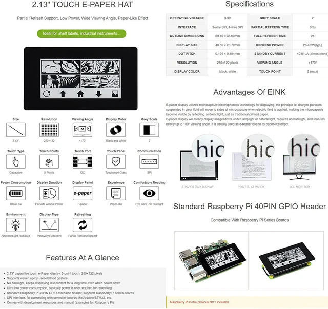 Alt view image 3 of 4 - Waveshare 2.13inch Touch E-Paper E-Ink Display HAT Compatible with Raspberry Pi 5/4B/3B/Zero/Zero W/Zero 2W/Pico/Pico W/Pico WH, 250×122 Pixels Black/White SPI Interface, Supports Partial Refresh