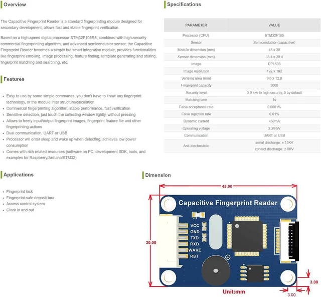 Alt view image 6 of 6 - Waveshare Capacitive Fingerprint Reader Onboard a High-Speed Digital Processor Commercial Fingerprinting Algorithm Semiconductor Sensor