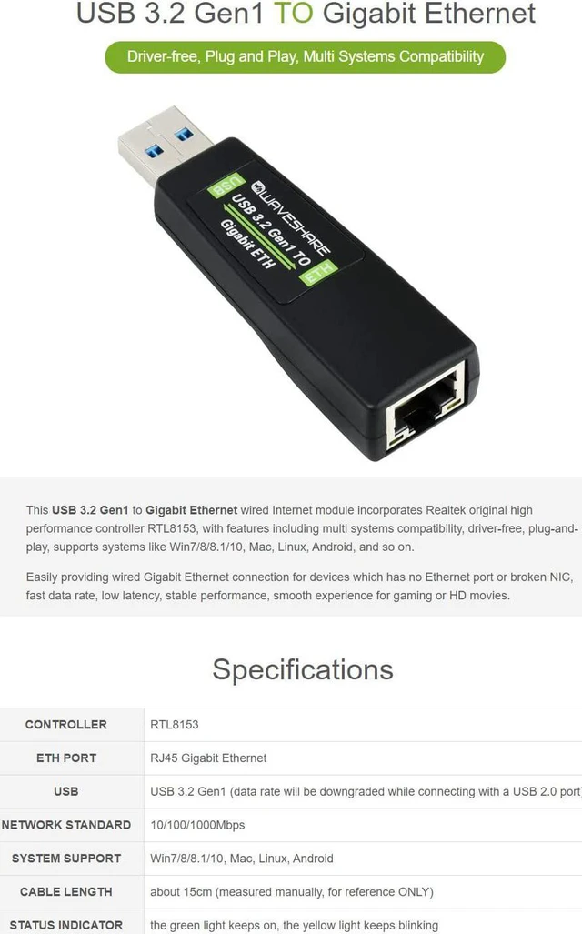 Alt view image 4 of 6 - Waveshare USB 3.2 Gen1 to Giga-bit Ethernet Converter No Driver Required Plug and Play Multi Systems Compatibility