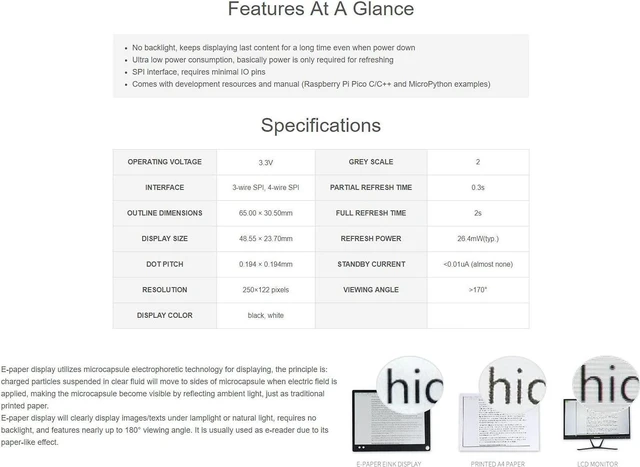 Alt view image 4 of 7 - Waveshare E-Paper-2.13inch Display Module for Raspberry Pi Pico Ideal for Price Tags/Shelf Labels