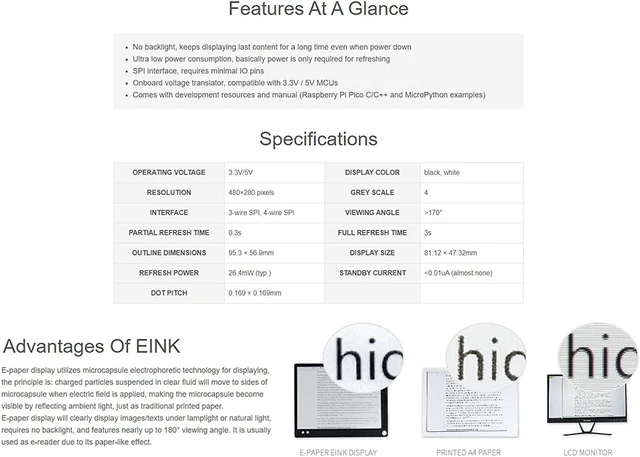 Alt view image 4 of 7 - waveshare 3.7inch E-Paper E-Ink Display Module for Raspberry Pi Pico 480×280 Pixels Black/White SPI Interface Support Partial Refresh