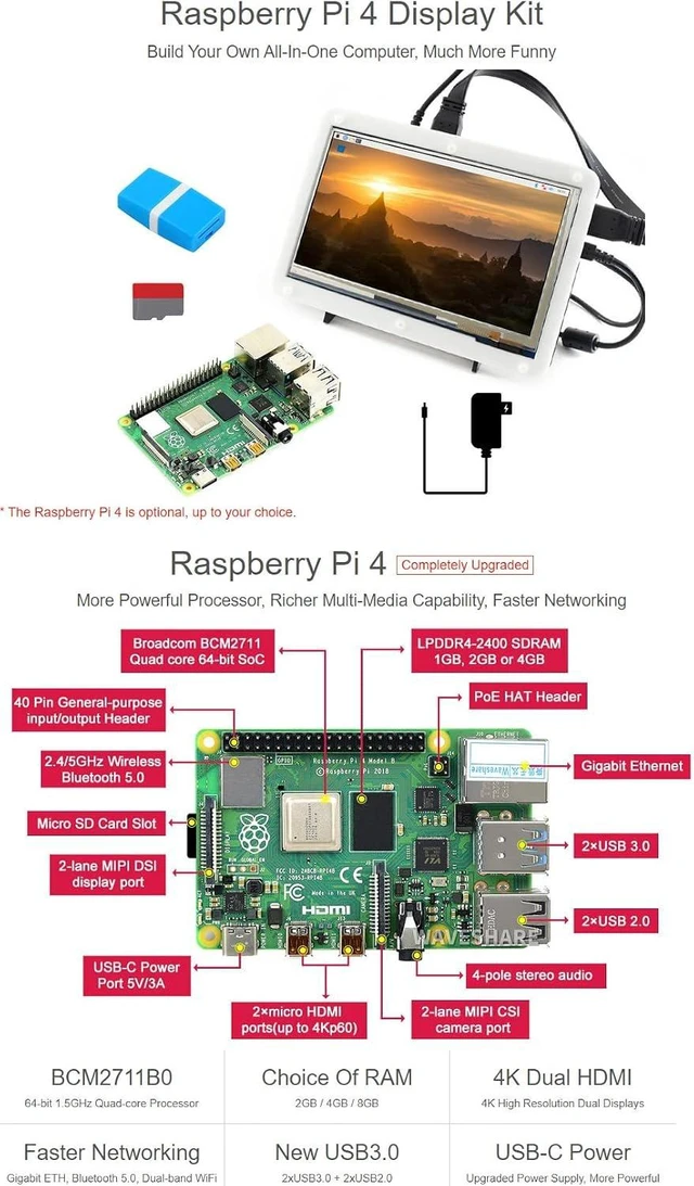 Alt view image 3 of 6 - Waveshare All-in-One Computer Includes Raspberry Pi 4 Model B 7inch Capacitive Touch HDMI LCD and TF Card
