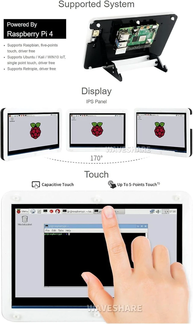 Alt view image 4 of 6 - Waveshare All-in-One Computer Includes Raspberry Pi 4 Model B 7inch Capacitive Touch HDMI LCD and TF Card