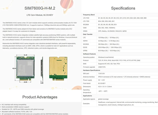 Alt view image 4 of 7 - Waveshare SIM7600G-H-M.2 SIMCom Original 4G LTE Cat-4 Module Global Coverage with GNSS Support M.2 B Key Connector LTE-TDD LTE-FDD HSPA+ GSM GPRS Edge