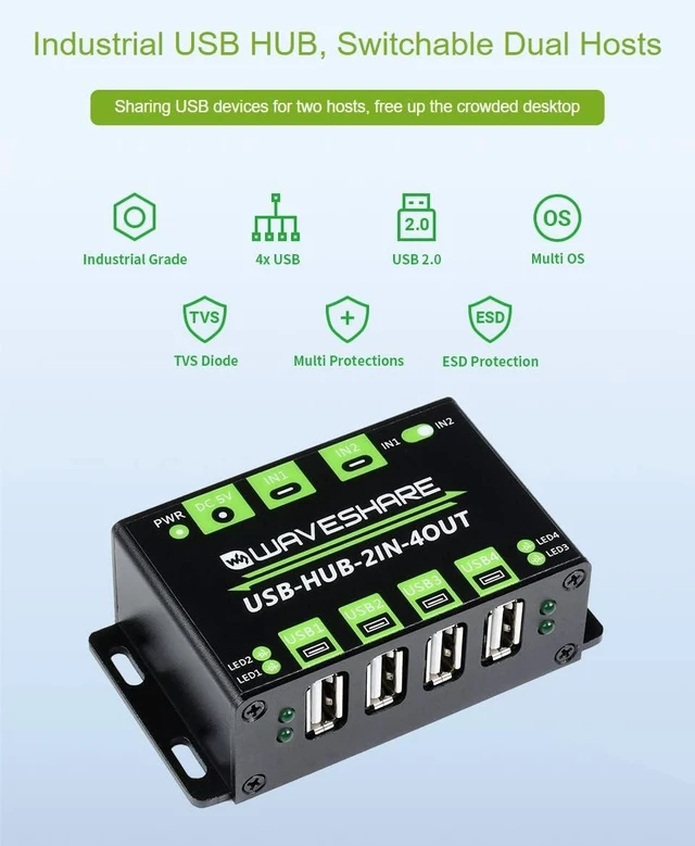 Alt view image 3 of 7 - Waveshare Industrial Grade USB HUB Extending 4X USB 2.0 Ports Switchable Dual Hosts Sharing USB Devices for Two Hosts Without Power Supply