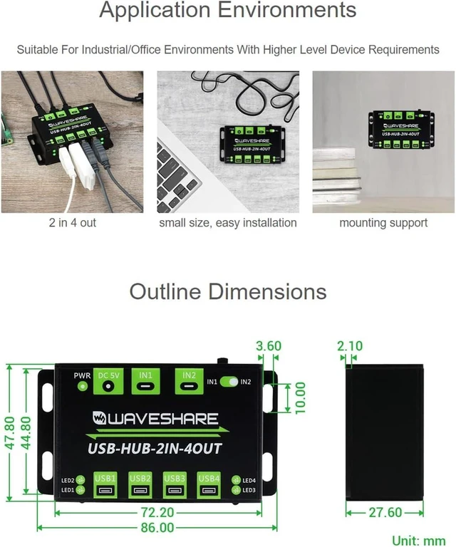 Alt view image 7 of 7 - Waveshare Industrial Grade USB HUB Extending 4X USB 2.0 Ports Switchable Dual Hosts Sharing USB Devices for Two Hosts Without Power Supply