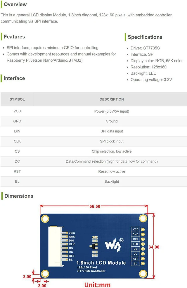 Alt view image 5 of 6 - Waveshare 1.8 LCD Compatible with Jetson Nano/Raspberry Pi 4B/ 3B+/ 3A+/ 3B/ 2B/ 1B+/ 1A+/ Zero 2 W/Zero W/Zero